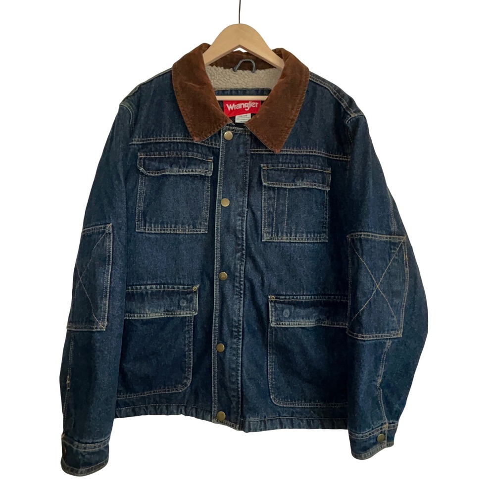 Wrangler Mens 2XL Blue Denim Sherpa Lined Chore Jacket Corduroy Read Description